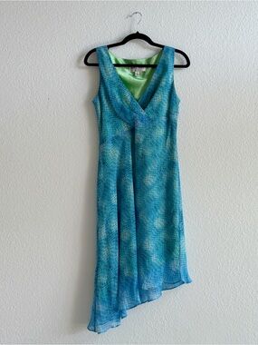 DONNA RICCO Asymmetric Y2K Blue Green Sleeveless V-Neck Women’s Dress
